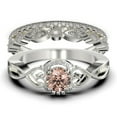 thumbnail image 1 of Dazzling Half Halo 2.25 Carat Round Cut Morganite And Diamond Moissanite Engagement Ring Wedding Ring in 925 Sterling Silver With 18k White Gold Plating, Promise Ring, Trio Set, Matching Band, 1 of 4