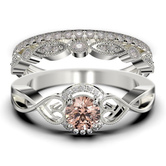 Dazzling Half Halo 2.25 Carat Round Cut Morganite And Diamond Moissanite Engagement Ring Wedding Ring in 925 Sterling Silver With 18k White Gold Plating, Promise Ring, Trio Set, Matching Band