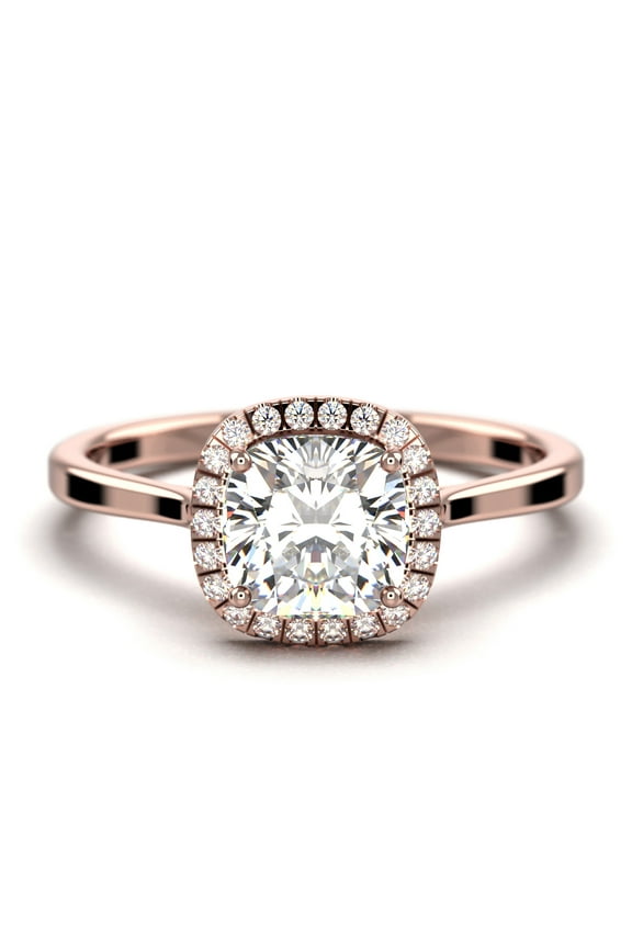 Dazzling Halo 1.55 Carat Cushion Cut Diamond Moissanite Engagement Ring, Wedding Ring in 925 Sterling Silver With Plain 18k Rose Gold Plating Shank Gift For Her Promise Ring, Anniversary Ring