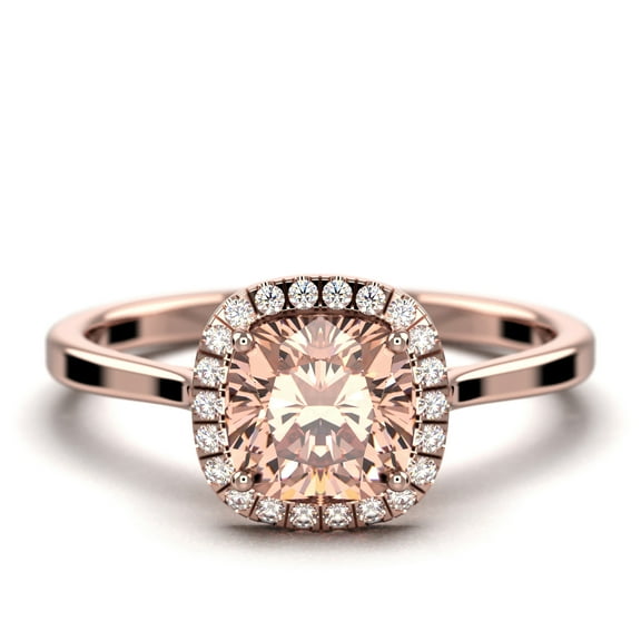 Dazzling Halo 1.55 Carat Cushion Cut Morganite And Diamond Moissanite Engagement Ring, Wedding Ring in 925 Sterling Silver With Plain 18k Rose Gold Plating Shank Gift For Her, Anniversary Ring