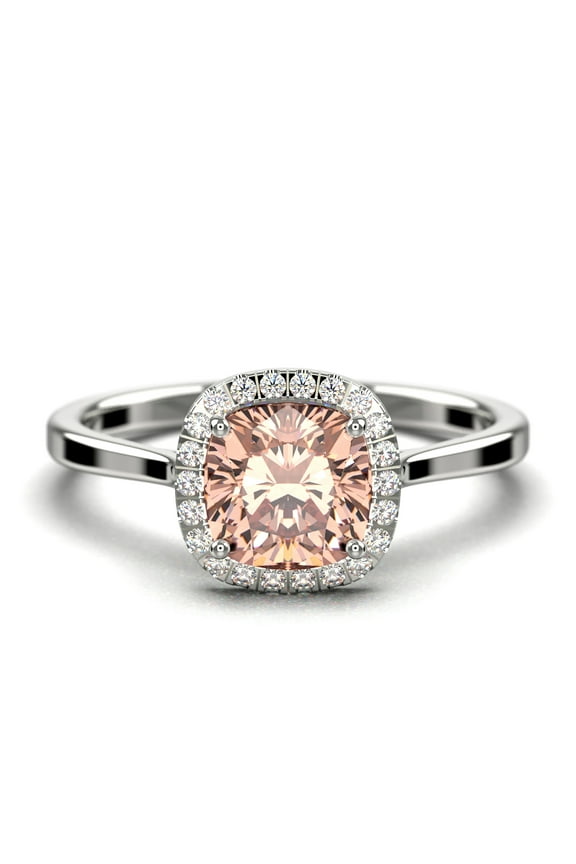 Dazzling Halo 1.55 Carat Cushion Cut Morganite And Diamond Moissanite Engagement Ring, Wedding Ring in 925 Sterling Silver With Plain 18k White Gold Plating Shank Gift For Her, Anniversary Ring