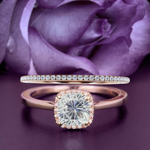 Dazzling Halo 2.05 Carat Cushion Cut Diamond Moissanite Engagement Ring, Wedding Ring, One Matching Band In 925 Sterling Silver With Plain 18K Rose Gold Plating Shank Gift For Her,Bridal Promise Ring