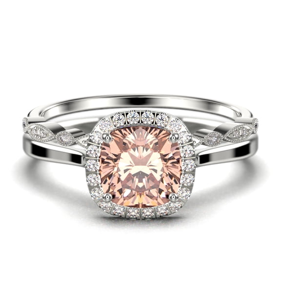Dazzling Halo 2.05 Carat Cushion Cut Morganite And Diamond Moissanite Engagement Ring, Wedding Ring, One Matching Band in 925 Sterling Silver With Plain 18k White Gold Plating Shank, Bridal Ring
