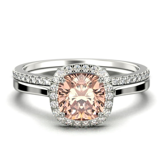 Dazzling Halo 2.05 Carat Cushion Cut Morganite And Diamond Moissanite Engagement Ring, Wedding Ring, One Matching Band In 10K Solid White Gold Shank, Gift For Her Promise Ring, Anniversary Ring