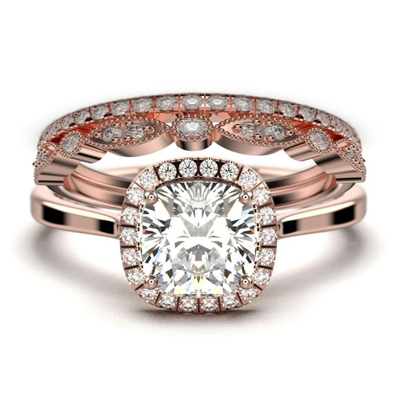 Dazzling Halo 2.55 Carat Cushion Cut Diamond Moissanite Engagement Ring, Wedding Ring, Two Matching Band in 10k Solid Rose Gold Shank, Gift For Her, Promise Ring, Anniversary Ring