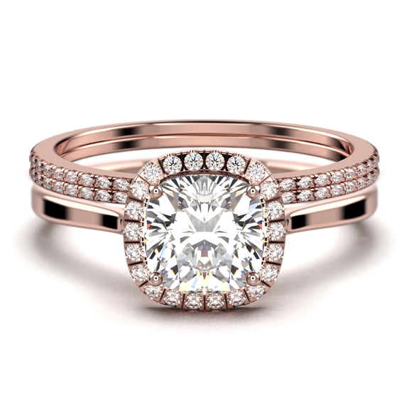 Dazzling Halo 2.55 Carat Cushion Cut Diamond Moissanite Engagement Ring, Wedding Ring, Two Matching Band in 10k Solid Rose Gold Shank, Gift For Her, Promise Ring, Anniversary Ring