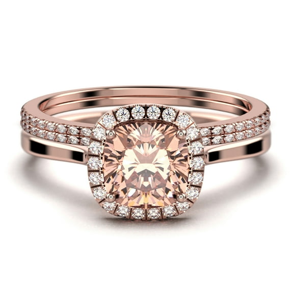 Dazzling Halo 2.55 Carat Cushion Cut Morganite And Diamond Moissanite Engagement Ring, Wedding Ring, Two Matching Band in 10k Solid Rose Gold Shank, Gift For Her, Promise Ring, Anniversary Ring