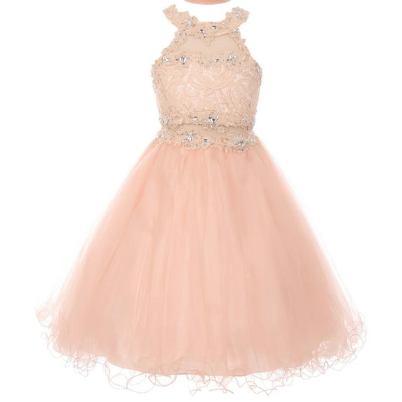 Dazzling Halter Neck Lace Tulle Pageant Easter Graduation Big Flower Girl Dress (50K40D) Blush 14