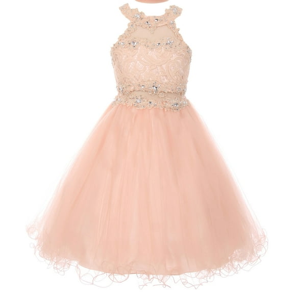 Dazzling Halter Neck Lace Tulle Pageant Easter Graduation Big Flower Girl Dress (50K40D) Blush 8