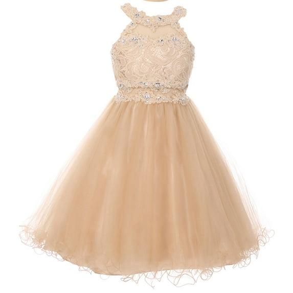 Dazzling Halter Neck Lace Tulle Pageant Easter Graduation Junior Flower Girl Dress (50K40D) Champagne 20
