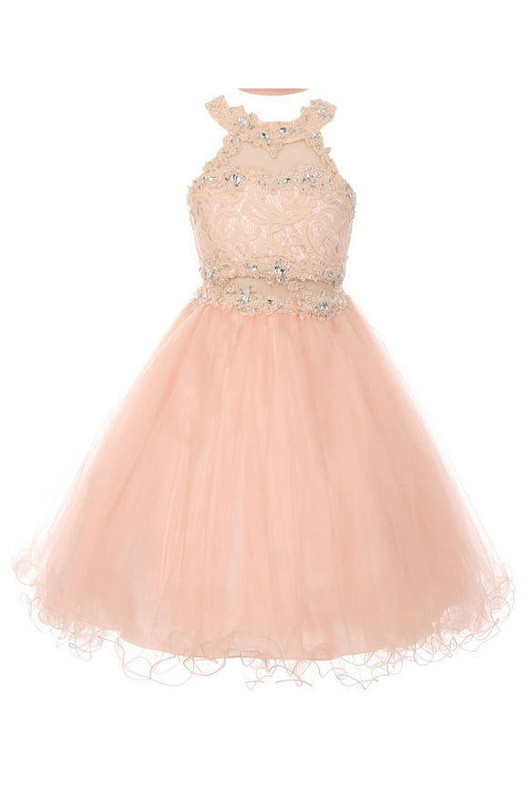 Dazzling Halter Neck Lace Tulle Pageant Easter Graduation Little Flower Girl Dress (50K40D) Blush 4