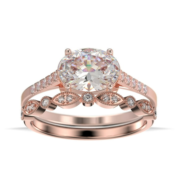 Dazzling Minimal Art Deco 2.00 Carat Oval Cut Diamond Moissanite Unique Engagement Ring, Wedding Ring, One Matching Band in 925 Sterling Silver With 18k Rose Gold Plating Gift For Woman