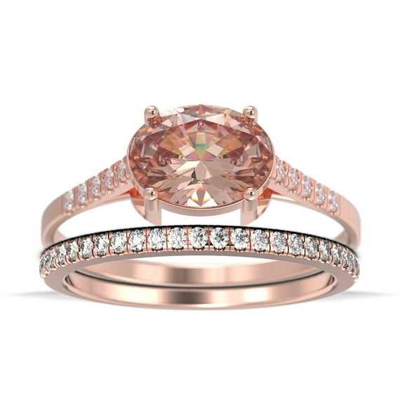 Dazzling Minimal Art Deco 2.00 Carat Oval Cut Morganite And Diamond Moissanite Unique Engagement Ring, Wedding Ring, One Matching Band In 925 Sterling Silver With 18K Rose Gold Plating Gift For Woman