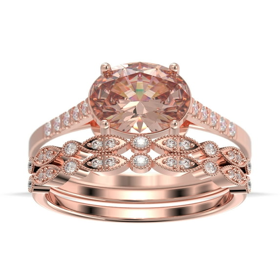 Dazzling Minimal Art Deco 2.50 Carat Oval Cut Morganite And Diamond Moissanite Unique Engagement Ring, Wedding Ring, Two Matching Band in 925 Sterling Silver With 18k Rose Gold Plating Gift For Woman