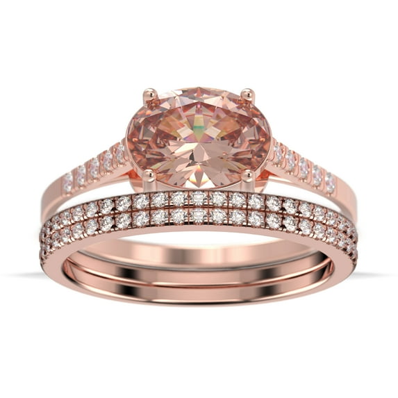 Dazzling Minimal Art Deco 2.50 Carat Oval Cut Morganite And Diamond Moissanite Unique Engagement Ring, Wedding Ring, Two Matching Band in 925 Sterling Silver With 18k Rose Gold Plating Gift For Woman