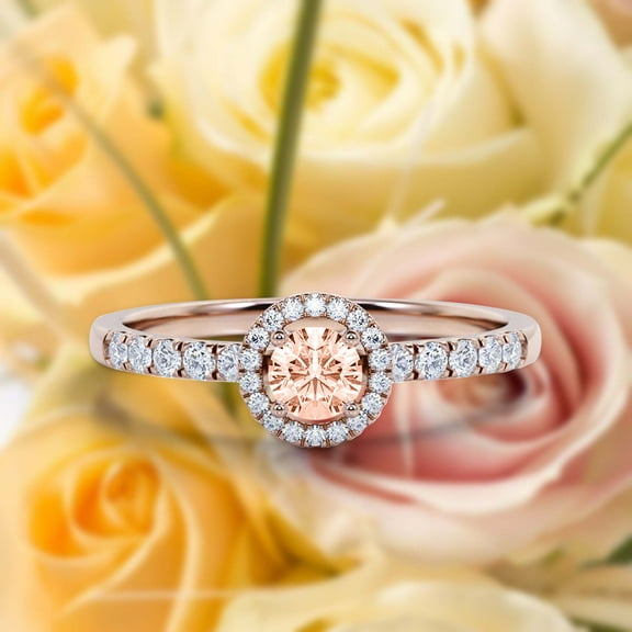 Dazzling Minimalist 1.00 Catar Round Cut Morganite And Diamond Moissanite Engagement Ring, Wedding Ring in 10k Solid Rose Gold, Gift For Her, Silver, Halo Bridal Ring