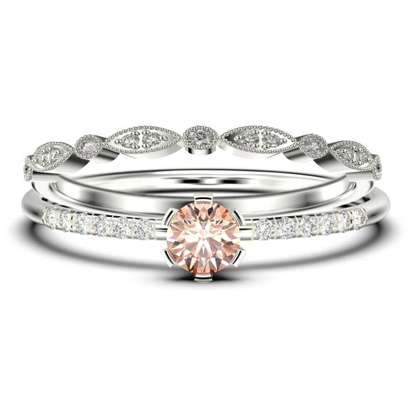 Dazzling Minimalist 1.05 Carat Classic Round Cut Morganite And Diamond Moissanite Affordable Engagement Ring, Wedding Ring in10k Solid White Gold, Minimal Woman Gift Idea, Bridal Set, Matching Band