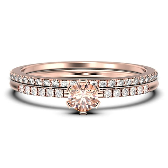 Minimalist 1.05 Carat Round Cut Morganite & Moissanite Bridal Set in 925 Sterling Silver with 18k Rose Gold Plating