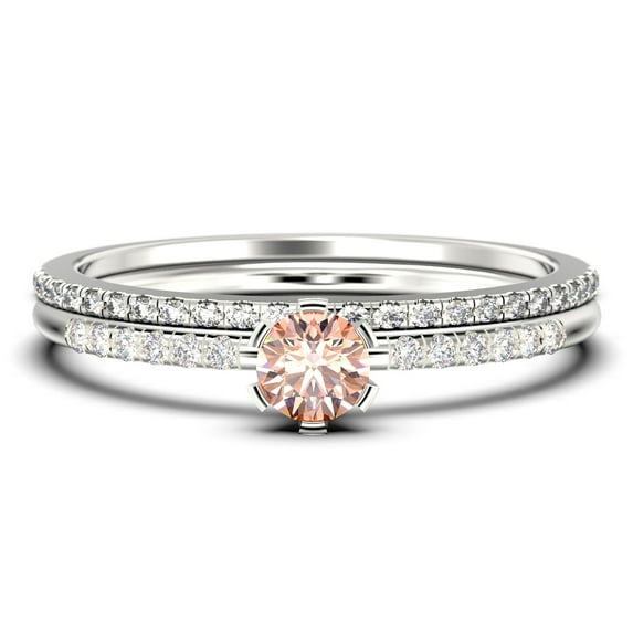 Dazzling Minimalist 1.05 Carat Round Cut Morganite And Diamond Moissanite Affordable Engagement Ring, Wedding Ring in 925 Sterling Silver With 18k White Gold Plating, Bridal Set, Matching Band