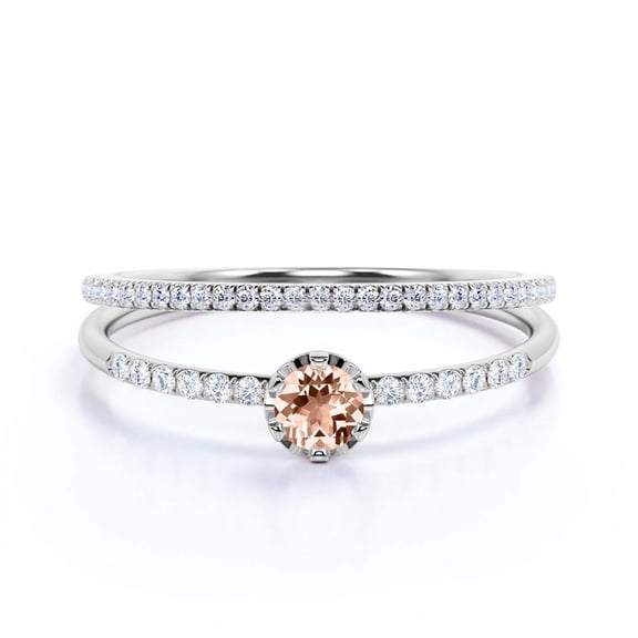 Minimalist 1.05 Carat Round Cut Morganite & Moissanite Bridal Set in 925 Sterling Silver with 18k White Gold Plating