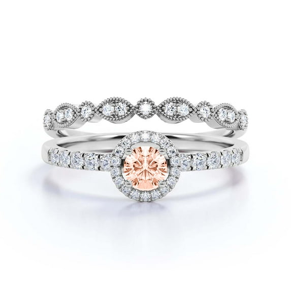 Dazzling Minimalist 1.50 Catar Round Morganite And Diamond Moissanite Engagement Ring, Wedding Ring, One Matching Band in 10k Solid White Gold, Gift For Her, Silver, Halo Bridal Ring Set, Promise Ring