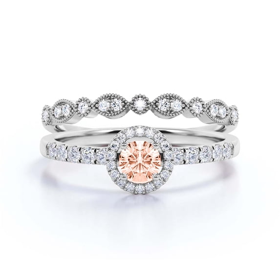 Dazzling Minimalist 1.50 Catar Round Morganite And Diamond Moissanite Engagement Ring, Wedding Ring, One Matching Band In 925 Sterling Silver With 18K White Gold Plating Gift For Her, Silver