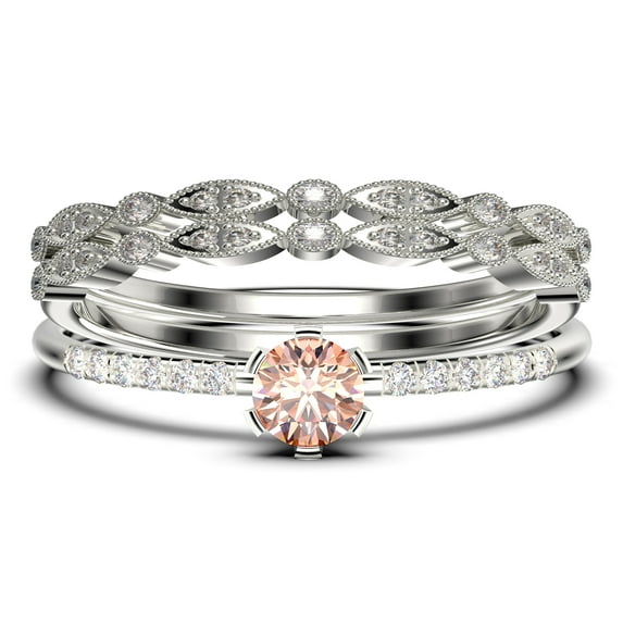 Dazzling Minimalist 1.55 Carat Classic Round Cut Morganite And Diamond Moissanite Affordable Engagement Ring, Wedding Ring In10K Solid White Gold, Minimal Woman Gift Idea, Trio Set, Matching Band