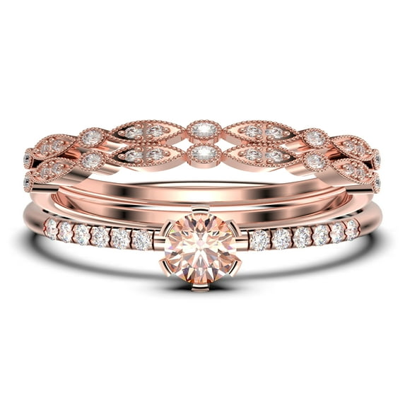 Dazzling Minimalist 1.55 Carat Classic Round Cut Morganite And Diamond Moissanite Affordable Engagement Ring, Wedding Ring in10k Solid Rose Gold, Gift For Her, Trio Set, Matching Band, Promise Ring