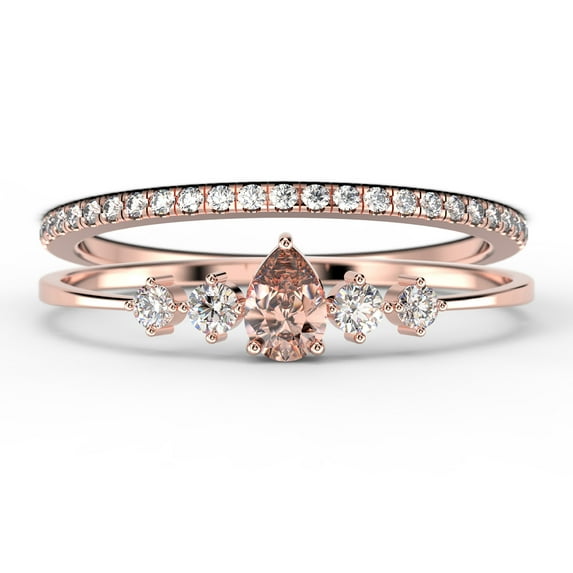 Dazzling Minimalist 1.55 Carat Pear Cut Morganite And Diamond Moissanite Classic Engagement Ring, Affordable Wedding Ring in 925 Sterling Silver With 18k Rose Gold Plating, Bridal Set, Matching Band