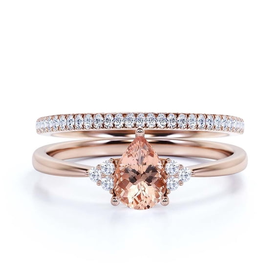 Dazzling Minimalist 1.75 Carat Pear Cut Affordable Ring, Morganite And Diamond Moissanite Engagement Ring, Unique Wedding Ring, One Matching Band in 10k Solid Rose Gold, Gift For Her, Bridal Set