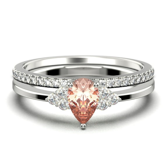Dazzling Minimalist 1.75 Carat Pear Cut Affordable Ring, Morganite And Diamond Moissanite Engagement Ring, Unique Wedding Ring, One Matching Band in 925 Sterling Silver With 18k White Gold Plating