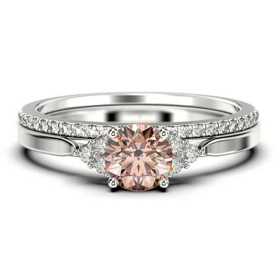 Dazzling Minimalist 1.75 Carat Round Cut, Affordable Morganite And Diamond Moissanite Engagement Ring, Wedding Gift, One Matching Band In 18K White Gold Plating, Gift For Her, Promise Ring