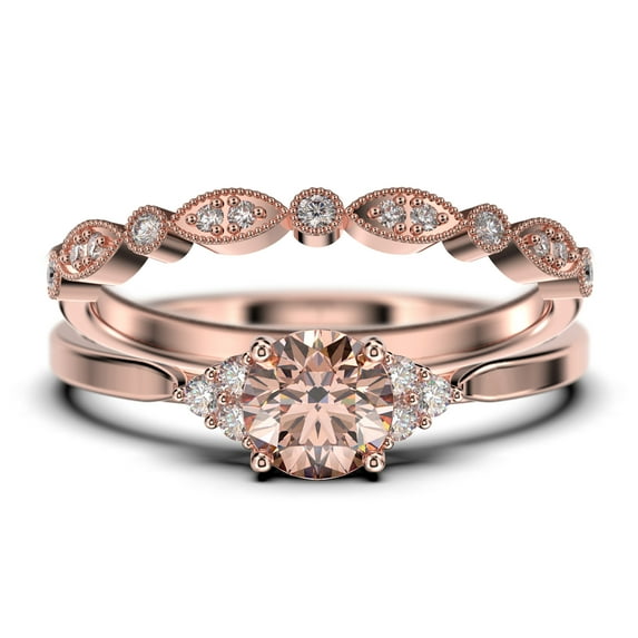 Dazzling Minimalist 1.75 Carat Round Cut, Affordable Morganite And Diamond Moissanite Engagement Ring, Wedding Ring, One Matching Band in 10k Solid Rose Gold, Gift For Her, Promise Ring