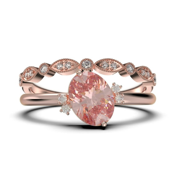 Dazzling Minimalist 2.00 Carat Oval Morganite And Diamond Moissanite Engagement Ring, Wedding Ring, One Matching Band in 925 Sterling Silver With 18k Rose Gold Plating Gift For Her, Promise Ring