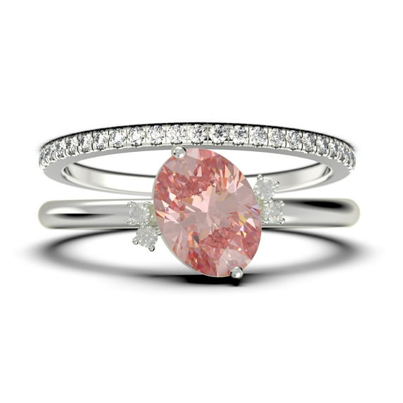 Dazzling Minimalist 2.00 Carat Oval Morganite And Diamond Moissanite Engagement Ring, Wedding Ring, One Matching Band in 925 Sterling Silver With 18k White Gold Plating Gift For Her, Promise Ring