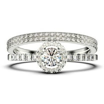 Dazzling Minimalist 2.00 Catar Round Cut Diamond Moissanite Engagement Ring, Wedding Ring, Two Matching Band in 10k Solid White Gold, Gift For Her, Silver, Halo Trio Ring Set