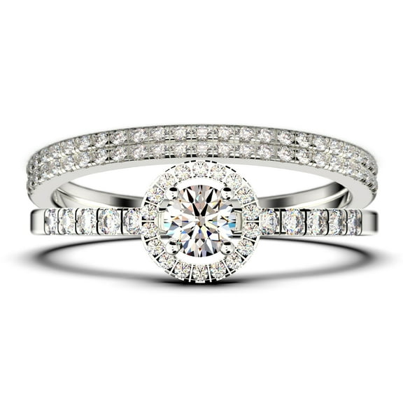 Dazzling Minimalist 2.00 Catar Round Cut Diamond Moissanite Engagement Ring, Wedding Ring, Two Matching Band in 10k Solid White Gold, Gift For Her, Silver, Halo Trio Ring Set