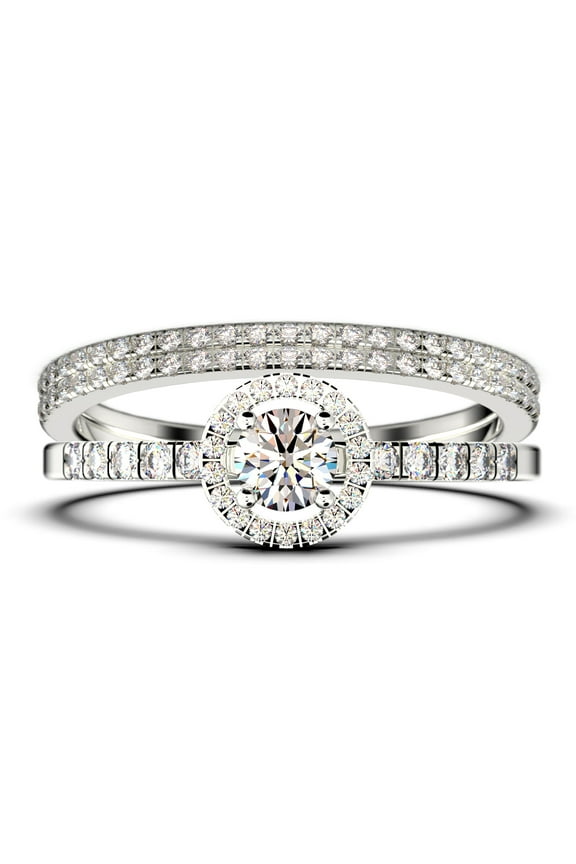 Dazzling Minimalist 2.00 Catar Round Cut Diamond Moissanite Engagement Ring, Wedding Ring, Two Matching Band in 10k Solid White Gold, Gift For Her, Silver, Halo Trio Ring Set