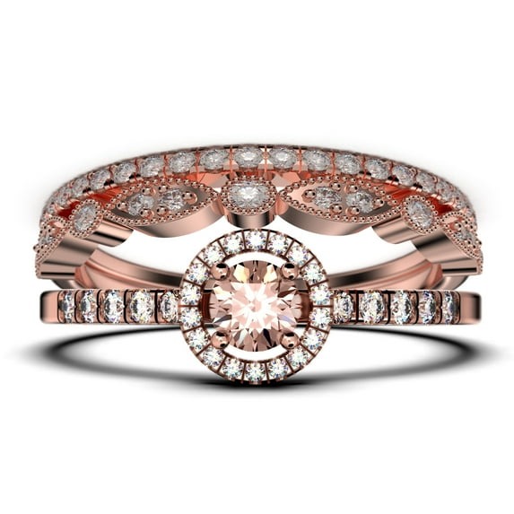 Dazzling Minimalist 2.00 Catar Round Cut Morganite And Diamond Moissanite Engagement Ring, Wedding Ring, Two Matching Band in 925 Sterling Silver With 18k Rose Gold Plating Gift For Her, Silver