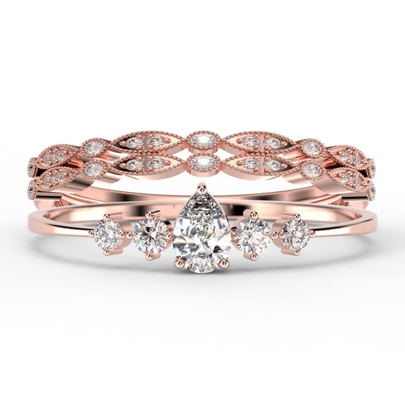 Dazzling Minimalist 2.05 Carat Pear Cut Diamond Moissanite Classic Engagement Ring, Affordable Wedding Ring in 925 Sterling Silver With 18k Rose Gold Plating, Trio Set, Matching Band