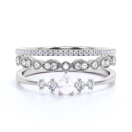 Dazzling Minimalist 2.05 Carat Pear Cut Diamond Moissanite Classic Engagement Ring, Affordable Wedding Ring in 925 Sterling Silver With 18k White Gold Plating Gift For Her, Trio Set, Matching Band