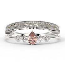 Dazzling Minimalist 2.05 Carat Pear Cut Morganite And Diamond Moissanite Classic Engagement Ring, Affordable Wedding Ring in 925 Sterling Silver With 18k White Gold Plating, Trio Set, Matching Band