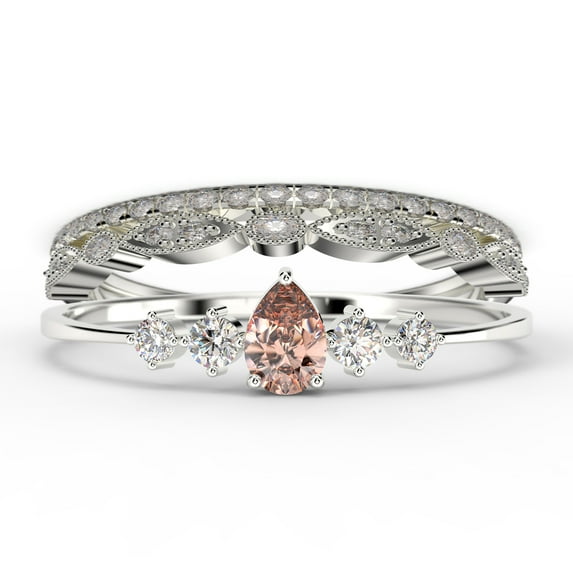 Dazzling Minimalist 2.05 Carat Pear Cut Morganite And Diamond Moissanite Classic Engagement Ring, Affordable Wedding Ring in 925 Sterling Silver With 18k White Gold Plating, Trio Set, Matching Band