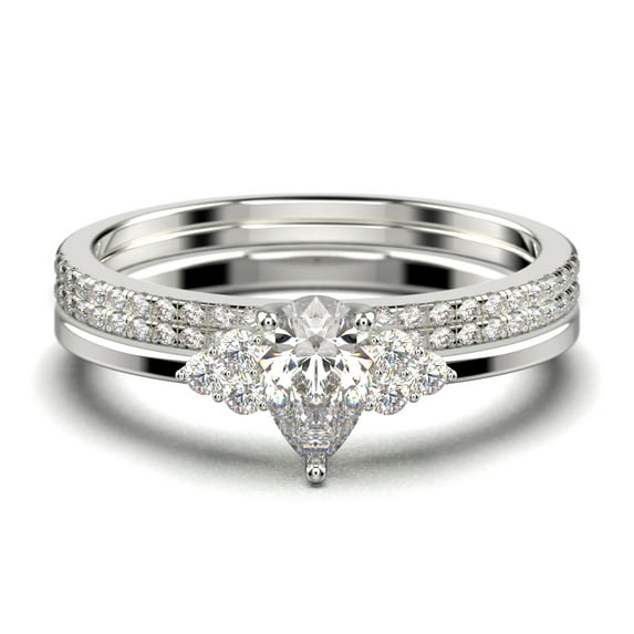 Dazzling Minimalist 2.25 Carat Pear Cut Affordable Ring, Diamond Moissanite Engagement Ring, Unique Wedding Ring, Two Matching Band in 10k Solid White Gold, Gift For Her, Trio Set