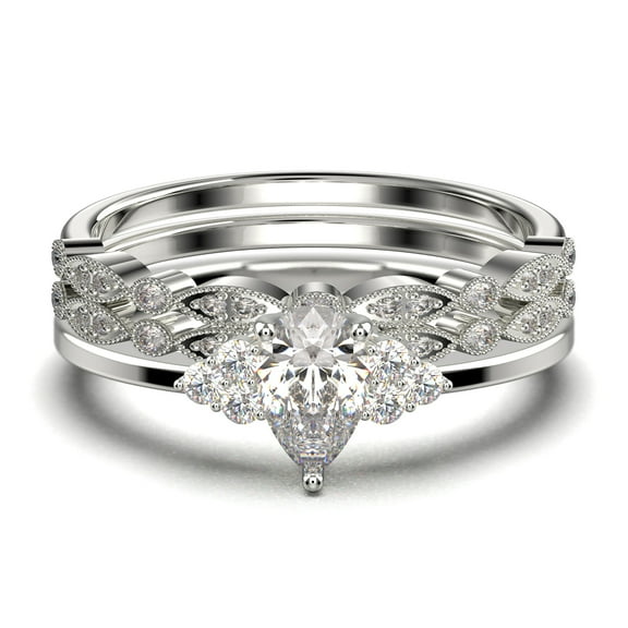 Dazzling Minimalist 2.25 Carat Pear Cut Affordable Ring, Diamond Moissanite Engagement Ring, Unique Wedding Ring, Two Matching Band in 10k Solid White Gold, Gift For Her, Trio Set