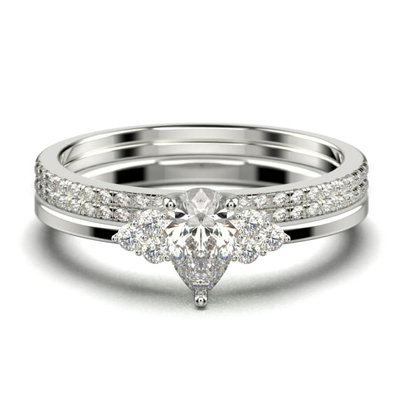 Dazzling Minimalist 2.25 Carat Pear Cut Affordable Ring, Diamond Moissanite Engagement Ring, Unique Wedding Ring, Two Matching Band in 925 Sterling Silver With 18k White Gold Plating