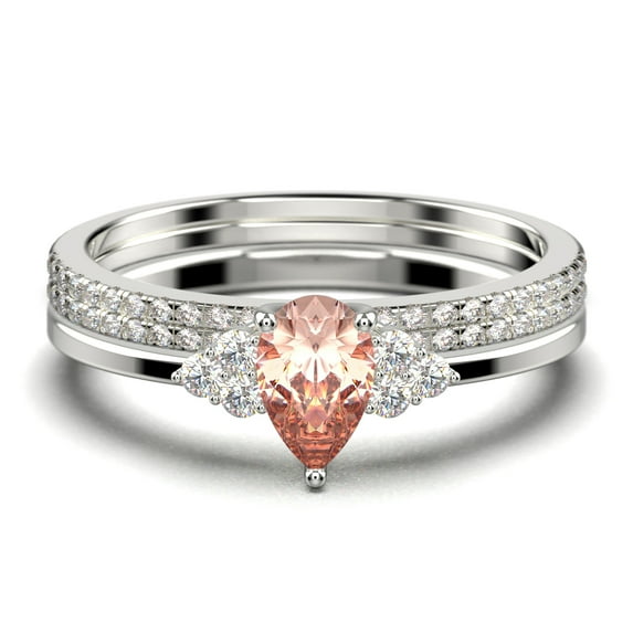 Dazzling Minimalist 2.25 Carat Pear Cut Affordable Ring, Morganite And Diamond Moissanite Engagement Ring, Unique Wedding Ring, Two Matching Band in 925 Sterling Silver With 18k White Gold Plating