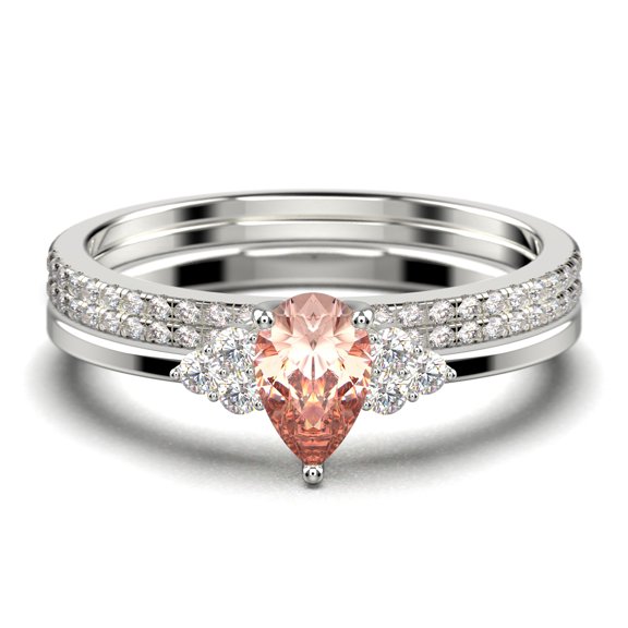 Dazzling Minimalist 2.25 Carat Pear Cut Affordable Ring, Morganite And Diamond Moissanite Engagement Ring, Unique Wedding Ring, Two Matching Band In 10K Solid White Gold, Gift For Her, Trio Set