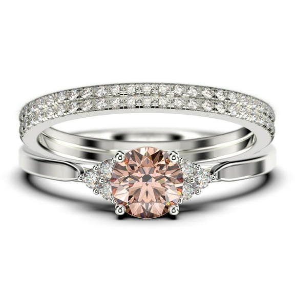 Dazzling Minimalist 2.25 Carat Round Cut, Affordable Morganite And Diamond Moissanite Engagement Ring, Wedding Gift, Two Matching Band in 18k White Gold Plating, Gift For Her, Promise Ring