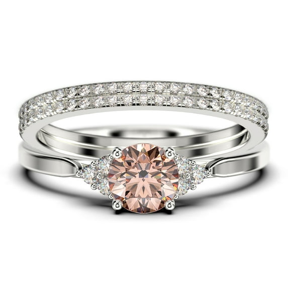 Dazzling Minimalist 2.25 Carat Round Cut, Affordable Morganite And Diamond Moissanite Engagement Ring, Wedding Ring, Two Matching Band in 10k Solid White Gold, Gift For Her, Promise Ring